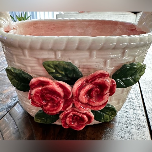 Bella Casa by Ganz Ceramic Rose Wicker Basket Glazed White & Pink - Picture 2 of 7